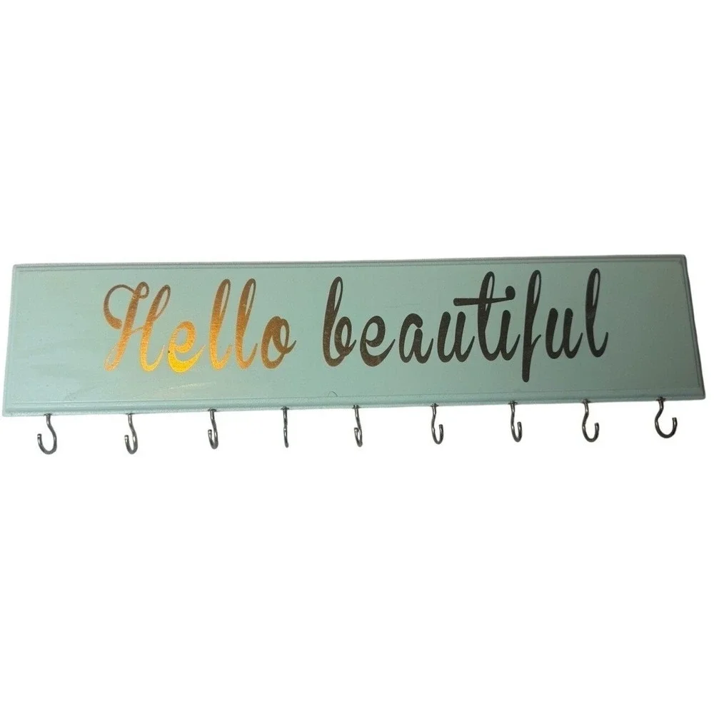 Hello‎ Beautiful Wall Hook Rack Mint Green Gold Script Jewelry Key Holder 18